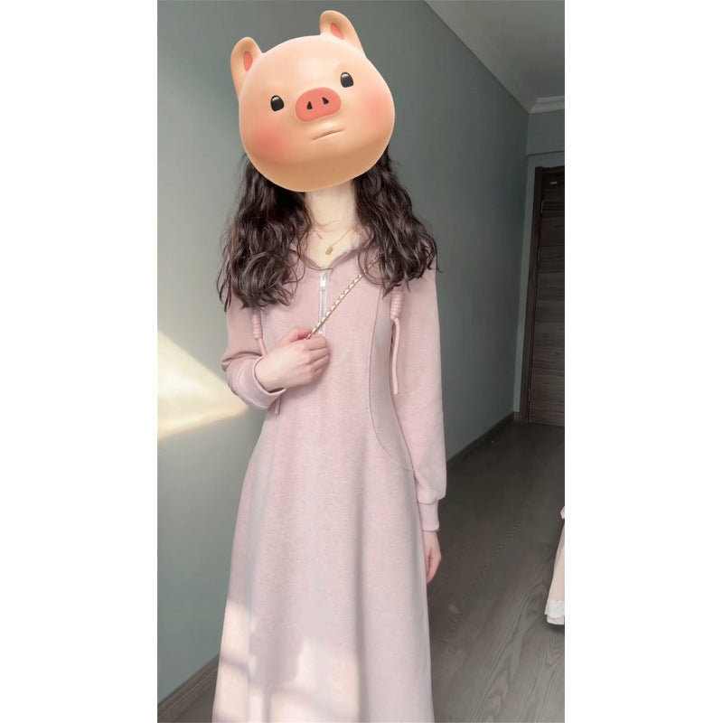2025 Pink hooded long-sleeved dress children  new early autumn knitted sweater medium and long dress Korean wear