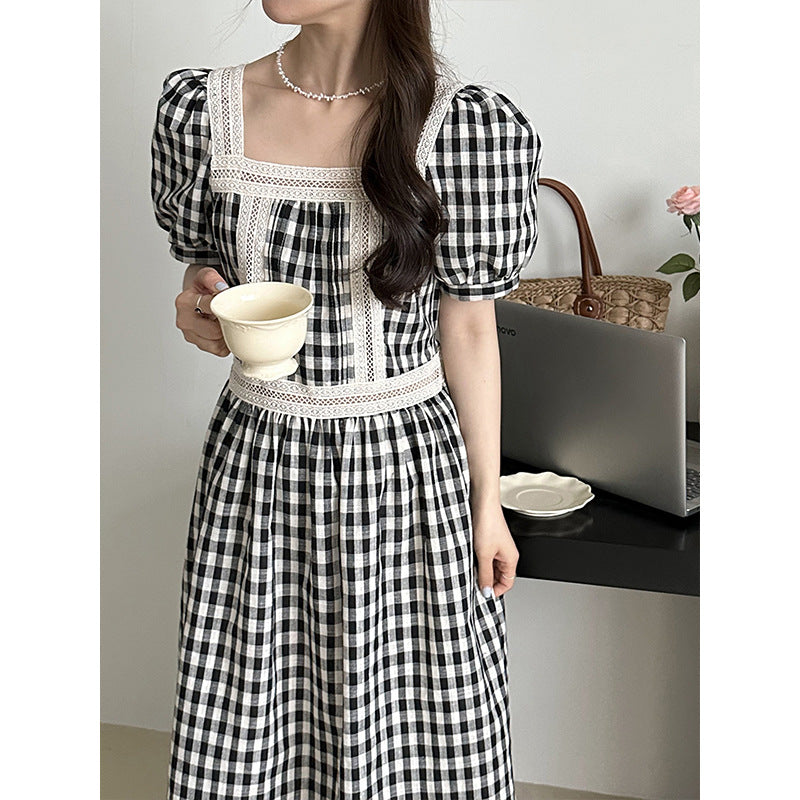 2025 [60% off for summer clearance] Summer Korean  temperament bubble sleeve plaid dress square collar retro and sweet