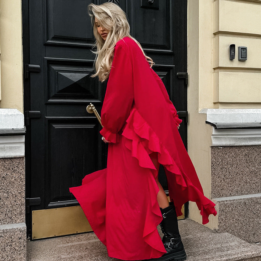 2025 chiffon ruffle edge bubble sleeve V-neck split dress popular  autumn fashion new long dress women