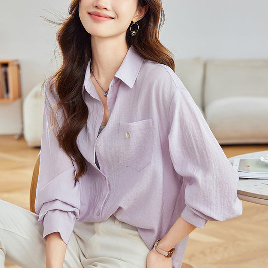 [Customized] Purple shirt women's long sleeves  spring clothes rear-breasted design top medium and long shirt