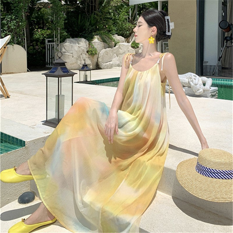 2025 Yellow smudge design sense niche vacation skirt summer temperament suspender dress lazy wind elegant super fairy fairy skirt