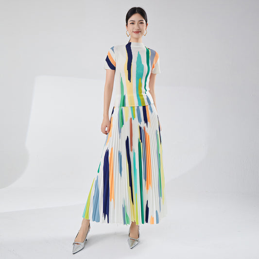 2025 women's clothing set high-end summer clothing striped design short-sleeved T-shirt versatile skirt two-piece set