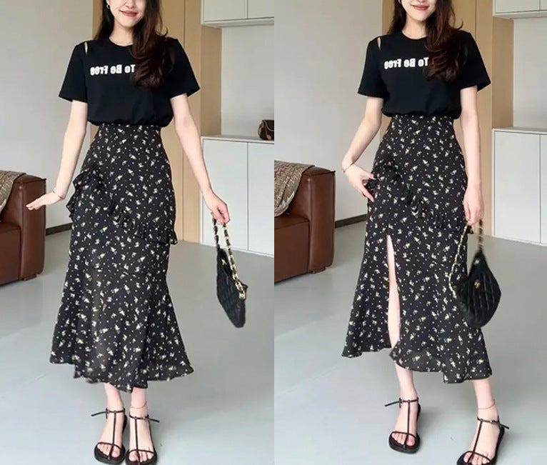 2025 This year's popular temperament summer night flower language dress~ fake two slit and thin waist and shoulder dress