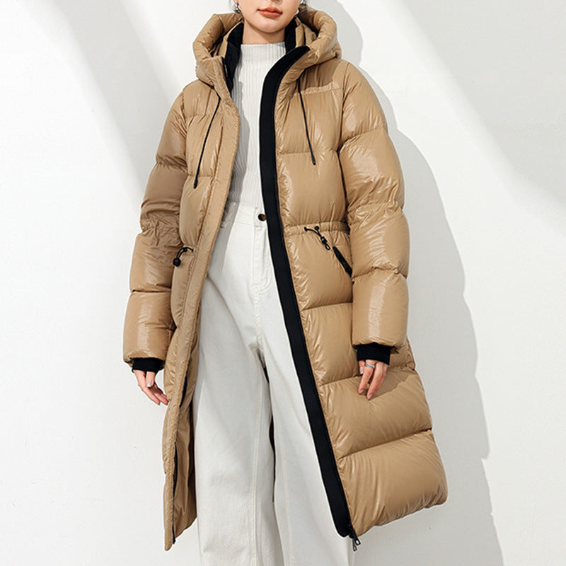 2025 90% white goose down winter new glossy thickened cold-resistant slim waist medium and long down jacket women's warm jacket