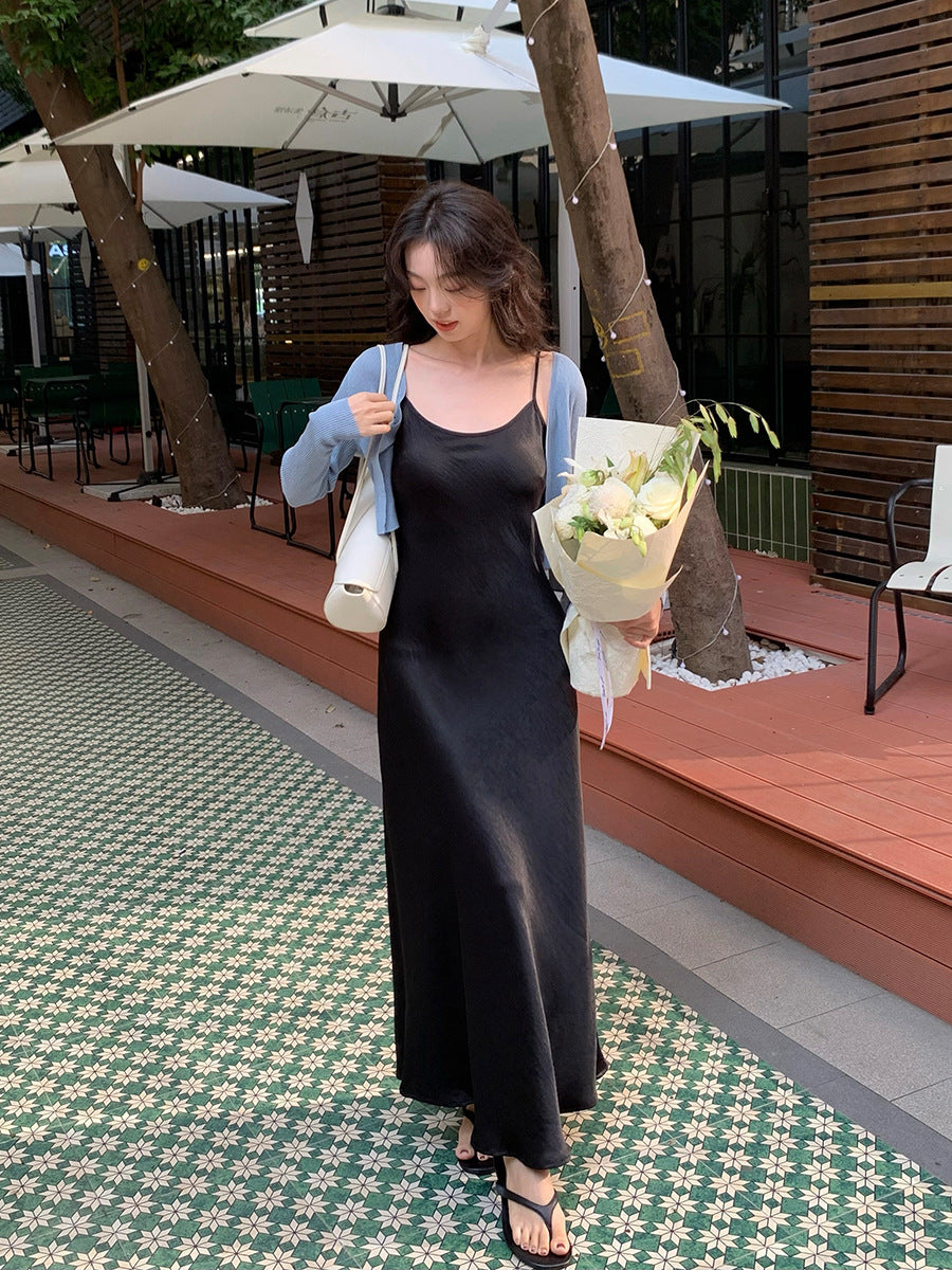 2025 spring new Korean version high waist elegant suspender dress V neck solid color pure desire skirt 88172