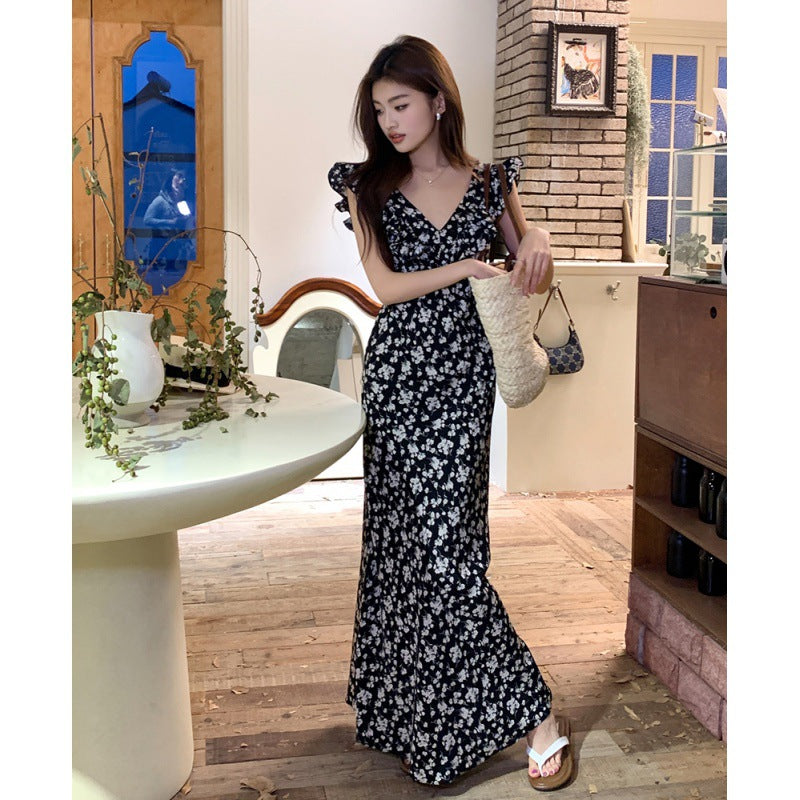 2025 Coffee Break  Hepburn Style Black Floral Dress Children's Summer  New Temperament Waist Long Dress Premium