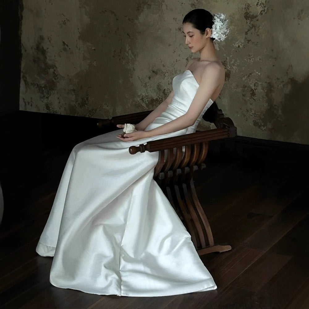 2025 tube top light wedding dress simple and high-end satin Mori bride going out yarn white engagement dress dress