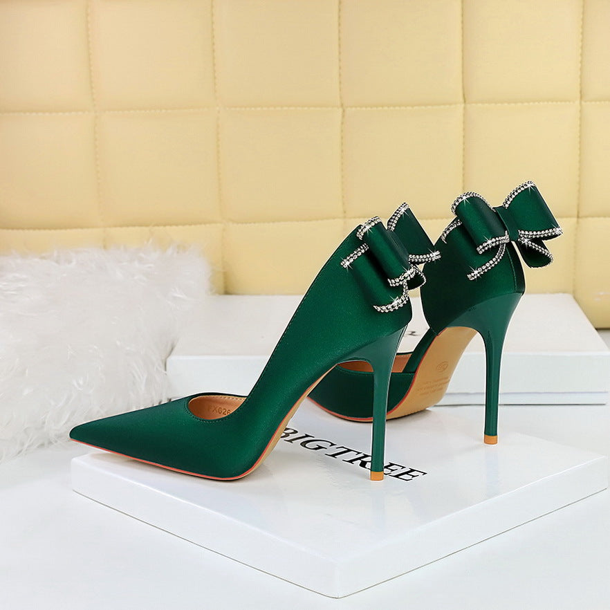 2025 626-H36M  banquet high heels stiletto high heel shallow mouth pointed side hollow rhinestone rear bow single shoes