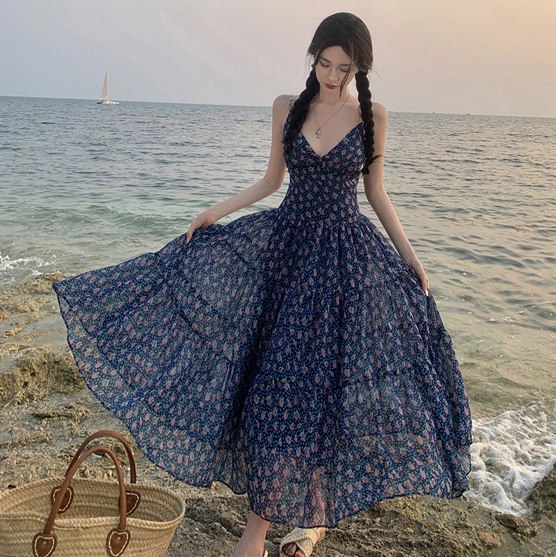 2025 Blue floral dress women's spring and summer suspender skirt Sanya travel photo beach skirt v-neck vacation style long dress