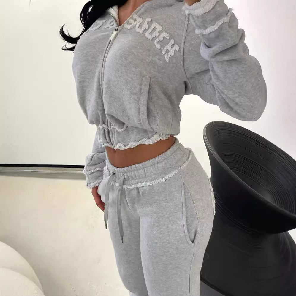 BENPAOLV Cross-border American casual and thin short hooded sweater jacket top, high waist trend fashion trousers set