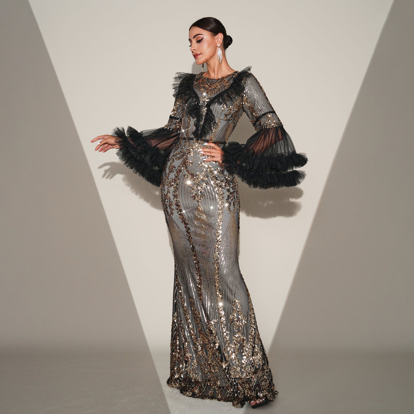 2025 large-size high-end temperament round neck long sequined banquet fishtail evening dress bridesmaid dress women