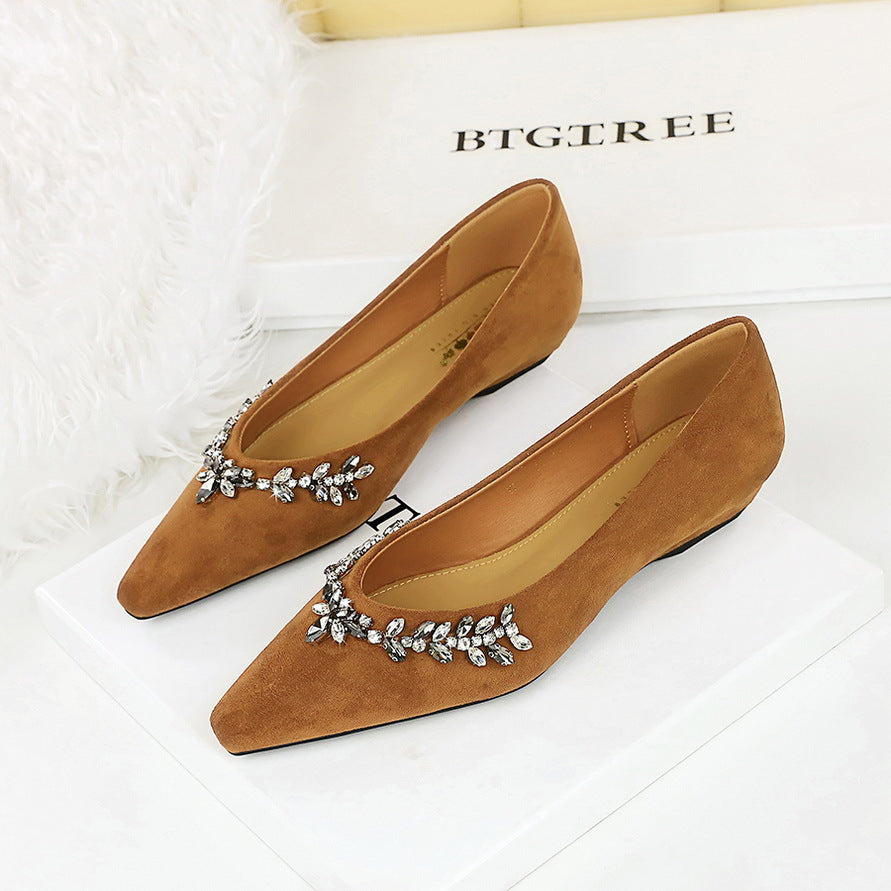 2025 3683-H68  light luxury pointed rhinestone chain decorative single shoes suede light mouth bevel heel low heel versatile women's single shoes
