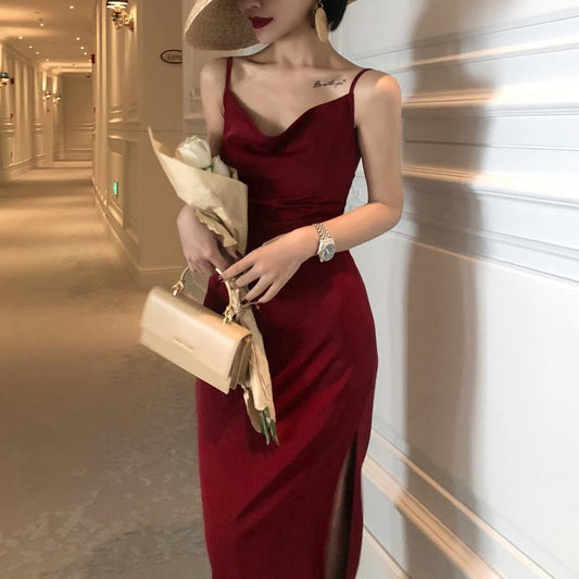 2025 retro acetic acid silk satin red suspender dress women's waist and thin temperament spring and summer small red dress length