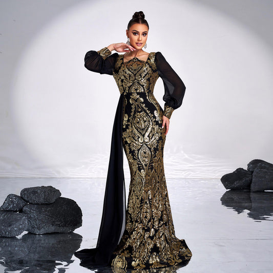 2025 high-end temperament sexy long-sleeved square collar sequined streamer banquet evening dress bridesmaid dress women