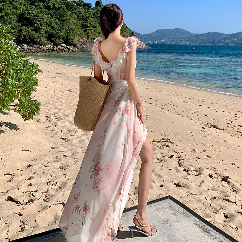 2025 holiday style floral small flying sleeve dress women's summer chic beautiful beach dress waist thin long skirt