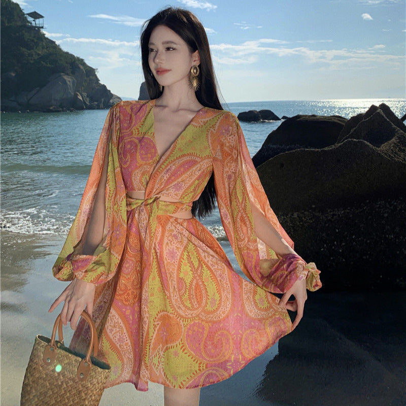 2025 Bali Sanya seaside vacation wind beach dress women's summer  sexy long-sleeved thin atmosphere dress