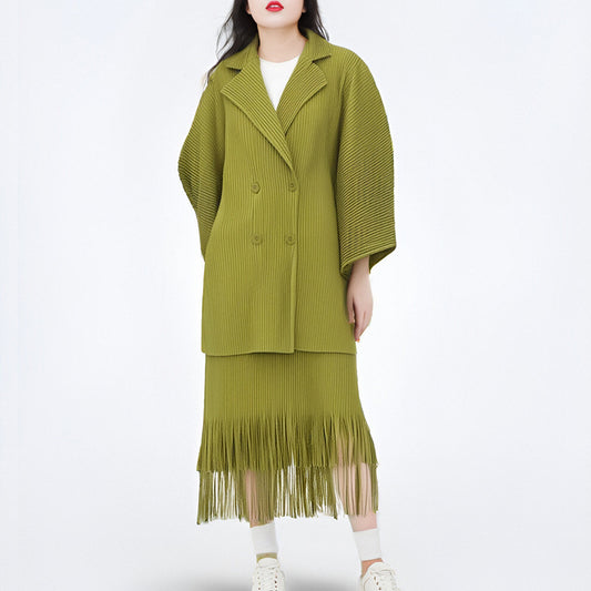 2025 New Popular trade suit women's high-end autumn and winter two-piece set, pleated coat, fringed skirt, a complete set