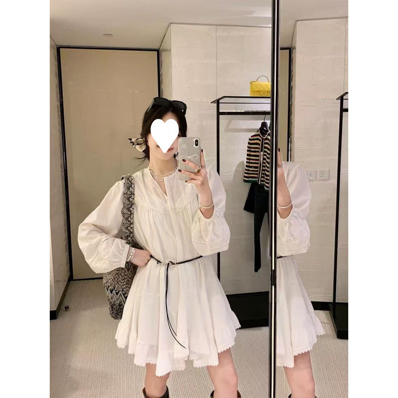 2025 Spring Clothing New Lyocell Tencel Cotton Lace Splicing Dress Women's Crew Neck Small White Dress Women's Clothing
