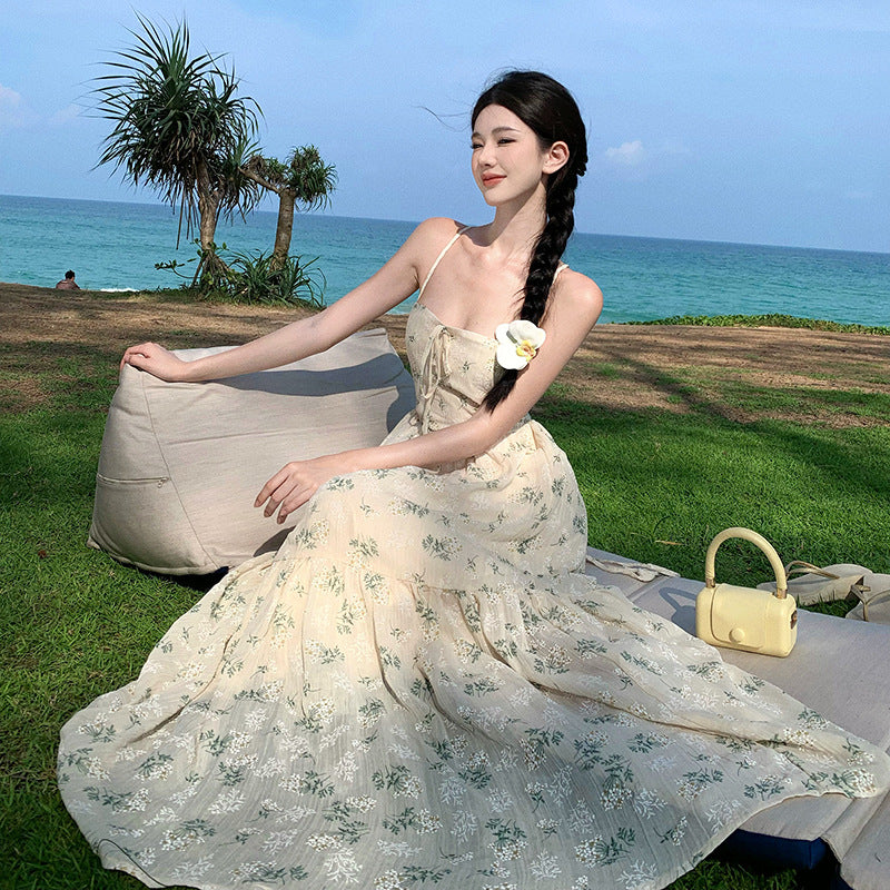 2025 Coffee break  floral suspender dress women's summer Mori small fresh seaside vacation style beautiful temperament skirt