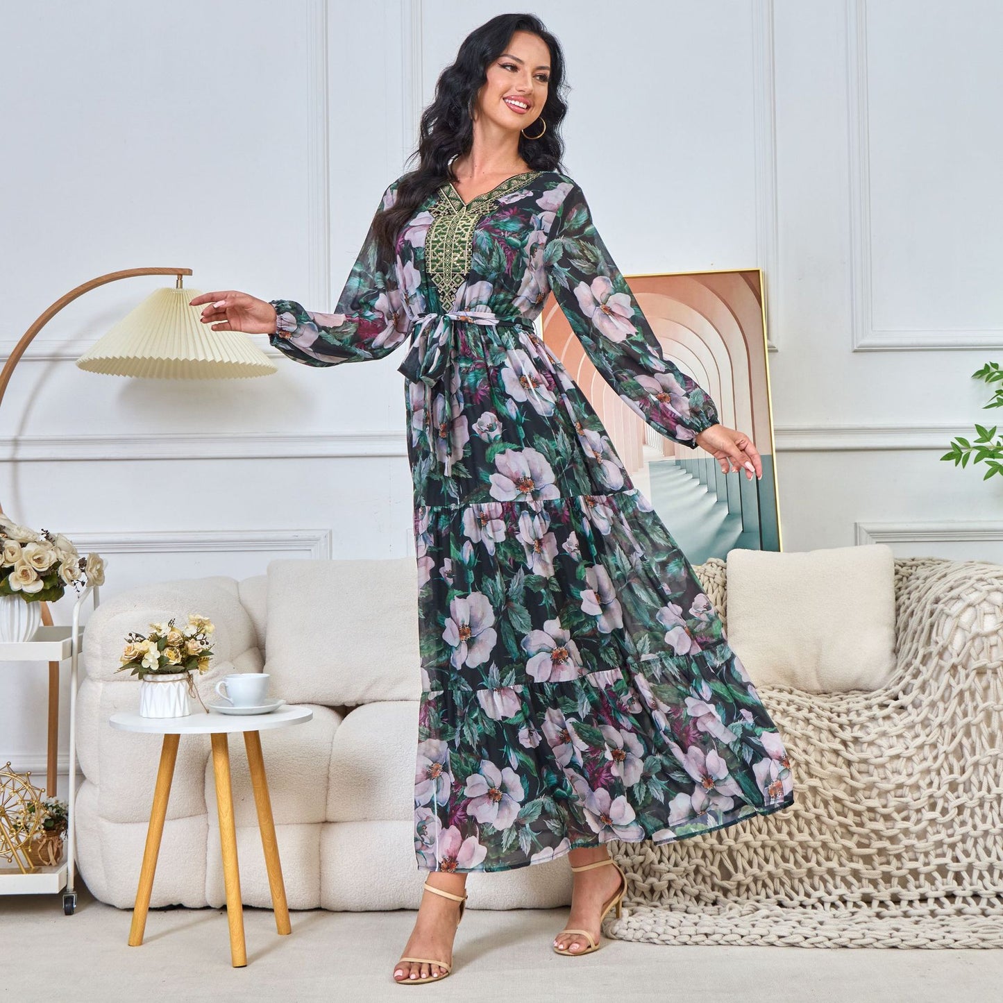 MT202 Middle East summer new Muslim women's clothing printing elegant fashion loose waist big swing dress ins