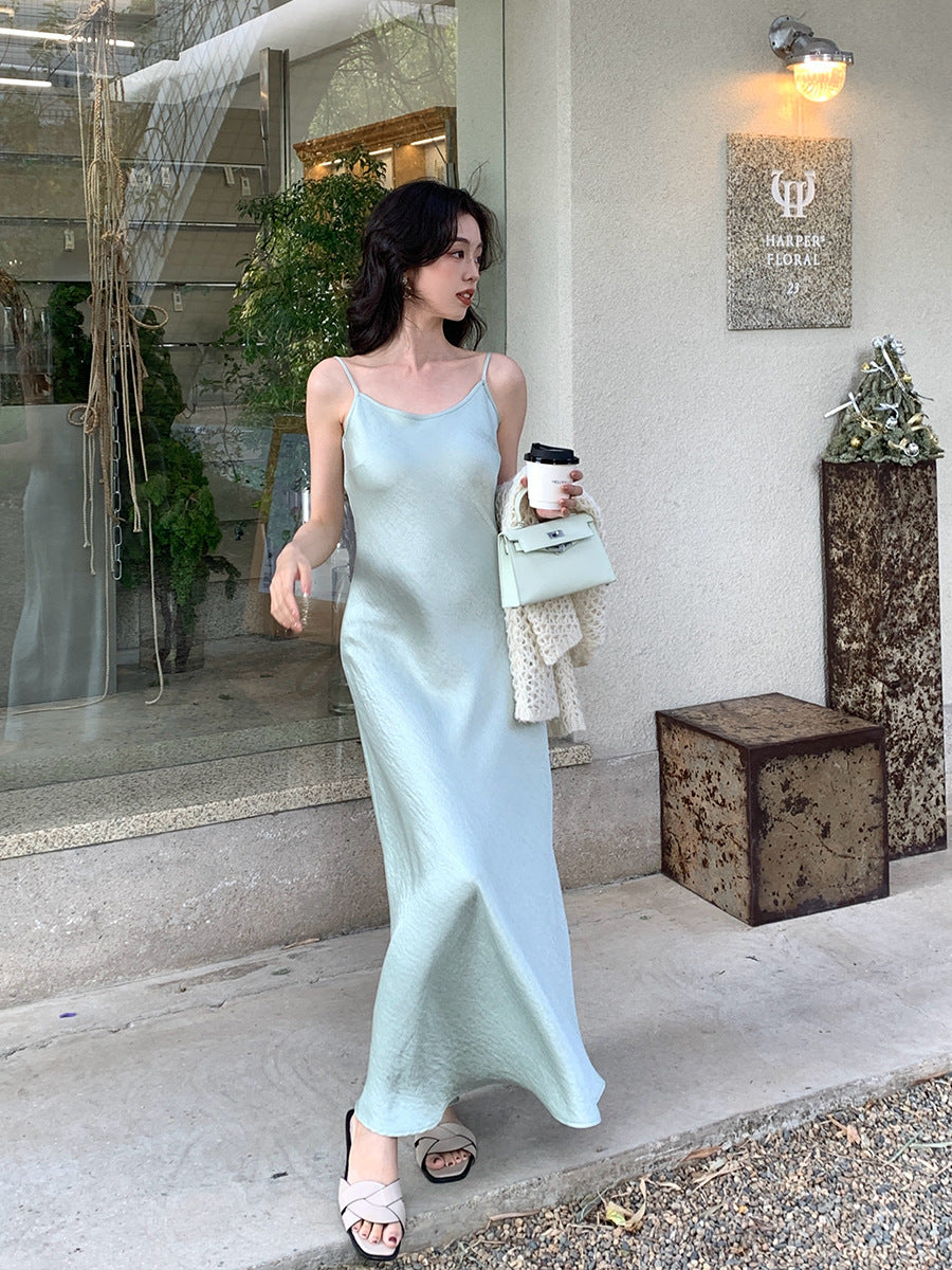 2025 spring new Korean version high waist elegant suspender dress V neck solid color pure desire skirt 88172
