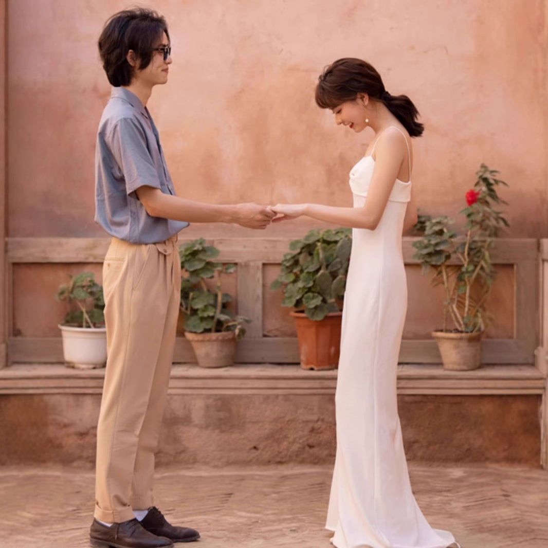 2025 suspender light wedding dress travel photography simple Mori super fairy white thin exterior dress summer