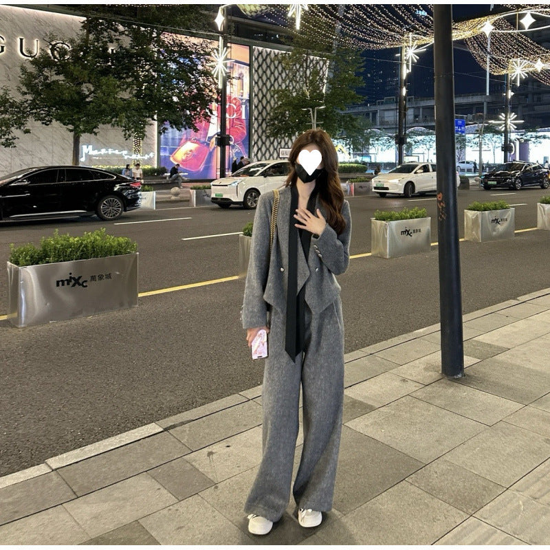 Temperament high sense V-neck streamer woolen blazer women's 2025 spring new casual straight pants two-piece set