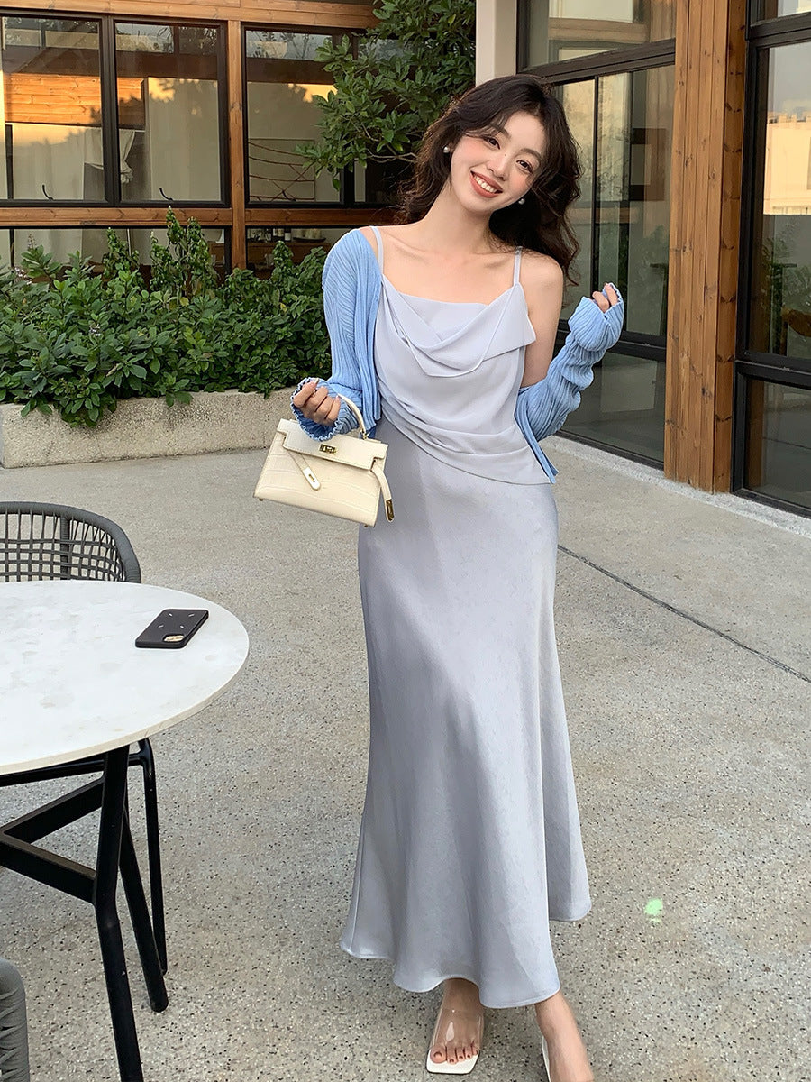 2025 Thirteen Lines  Spring and Summer New  Retro Swinging Neck Temperament Skinny Suspender Dress 88226