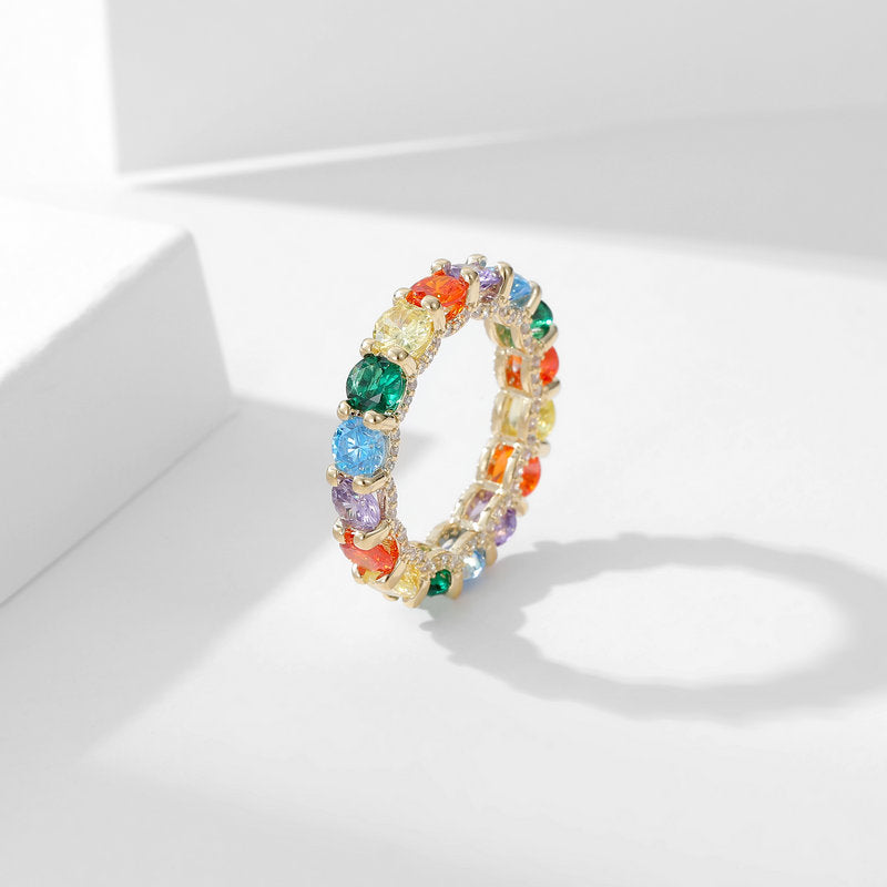 2025 New colorful copper inlaid zircon jewelry ring tide niche light luxury design high-end candy color rainbow ring