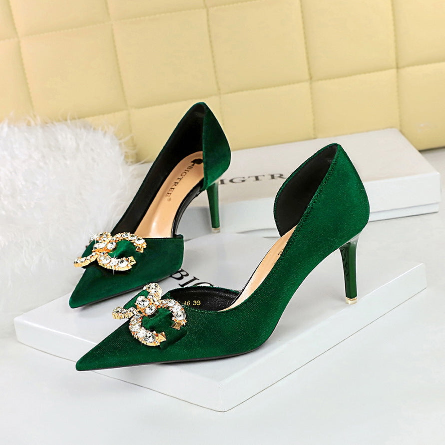 2025 1363-AK77 banquet high heels women's shoes suede shallow mouth pointed side hollow rhinestone pearl bow single shoes