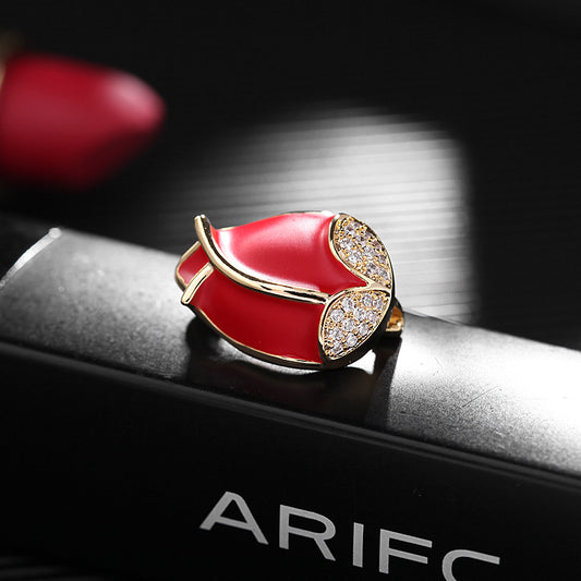2025 New Korean tulip brooch fashionable personalized oil drop pin gold micro-inlaid zircon small collar wholesale