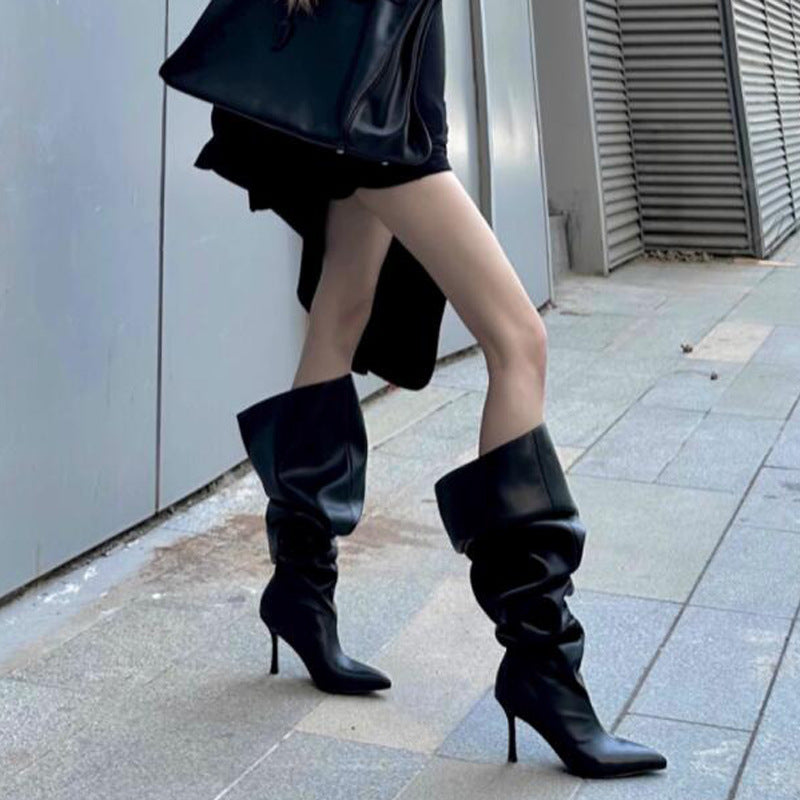 2025  Super large tube circumference high-heeled boots 2025 spice girls pointed-toed thin heels over the knee wide tube boots stacking boots