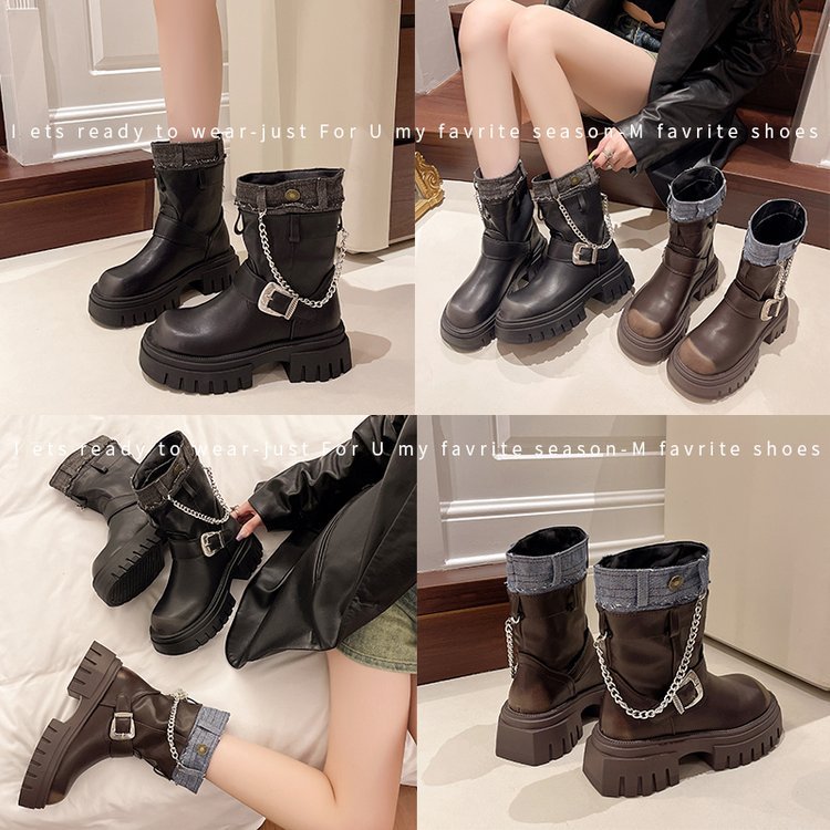 2025  Short boots women's Korean version of British style retro Martin boots women's medium heel short boots Maillard brown boots