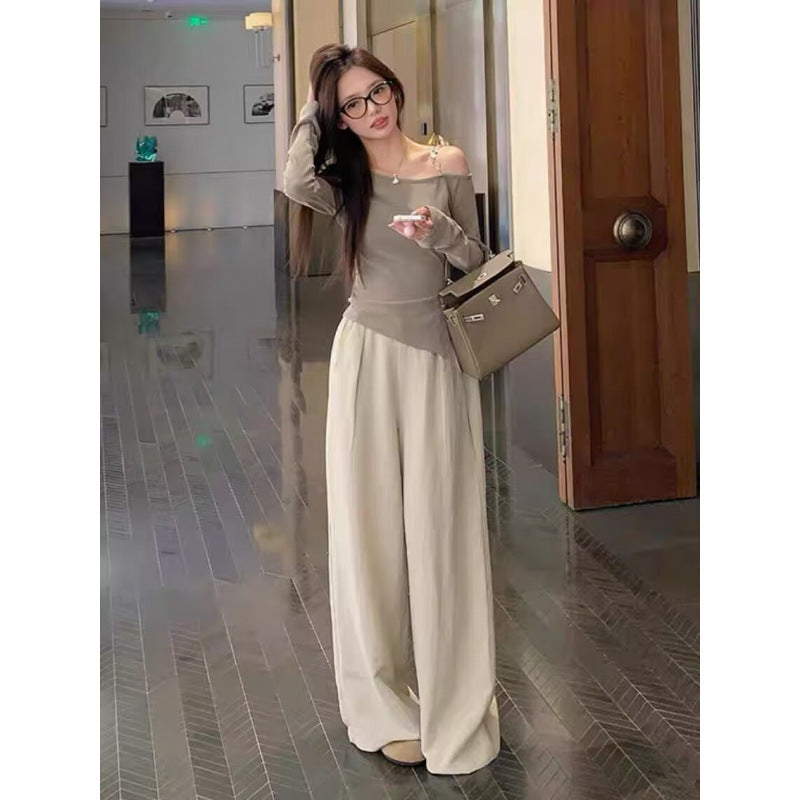 This year's popular beautiful suit 2025 off-shoulder irregular top wide-leg pants pure salt light and cooked two-piece set
