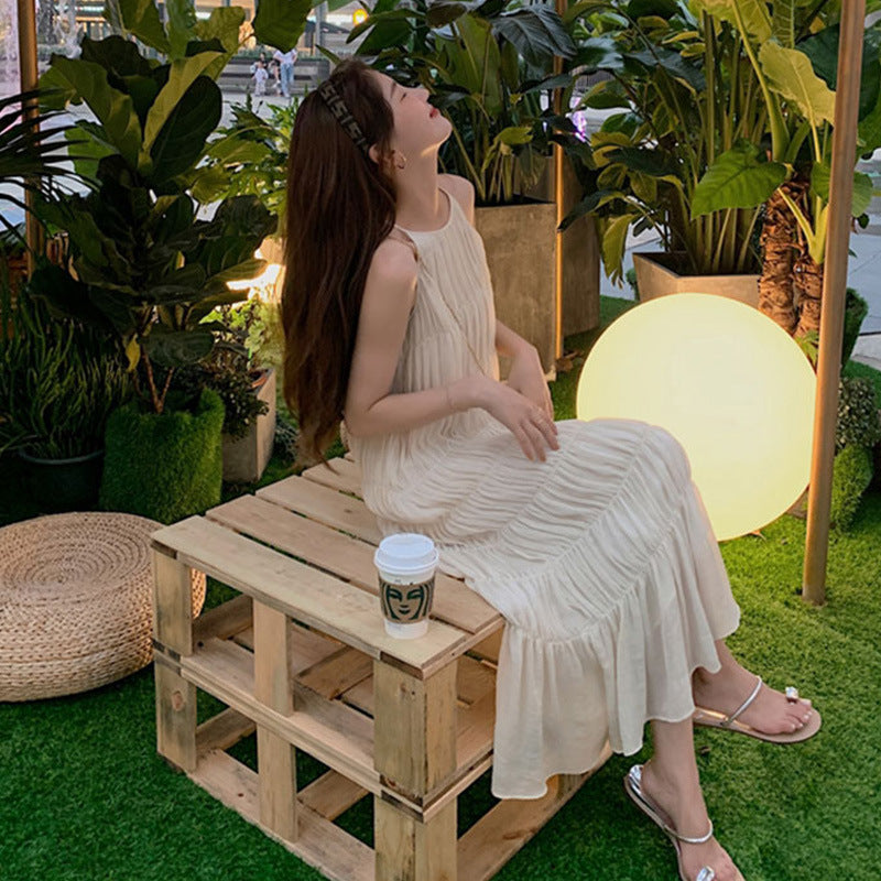 2025 summer new minimalist age-reducing pleated white dress vest  long neck suspender skirt women