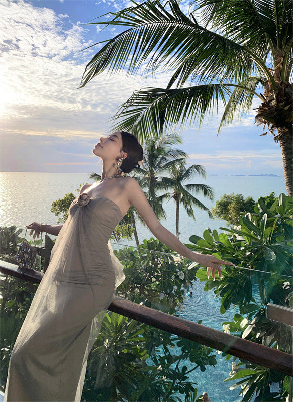 2025 Pure desire wind super fairy temperament mesh yarn one-word shoulder tube top dress fairy summer seaside vacation wind beautiful long dress