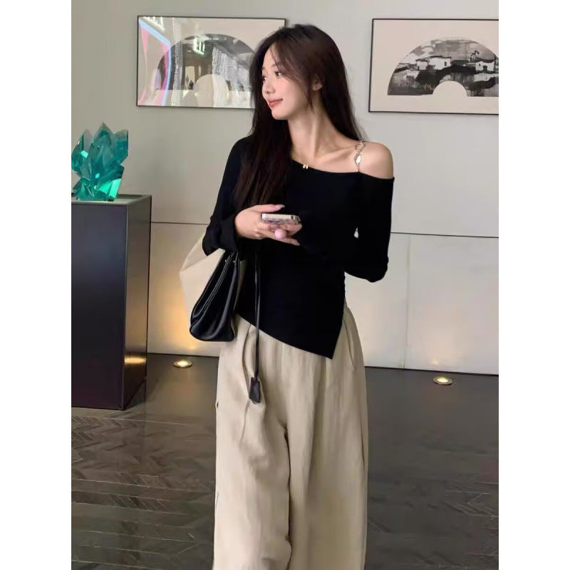 This year's popular beautiful suit 2025 off-shoulder irregular top wide-leg pants pure salt light and cooked two-piece set