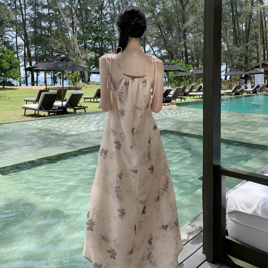 2025 New Chinese style zen floral suspender dress women's summer temperament socialite retro slim printed holiday long skirt