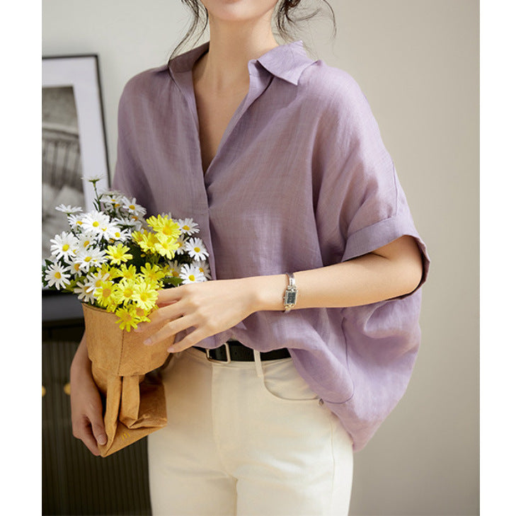 2025 Breathable light ramie/loose silhouette temperament high-end T-shirt top  women's summer purple new short sleeves