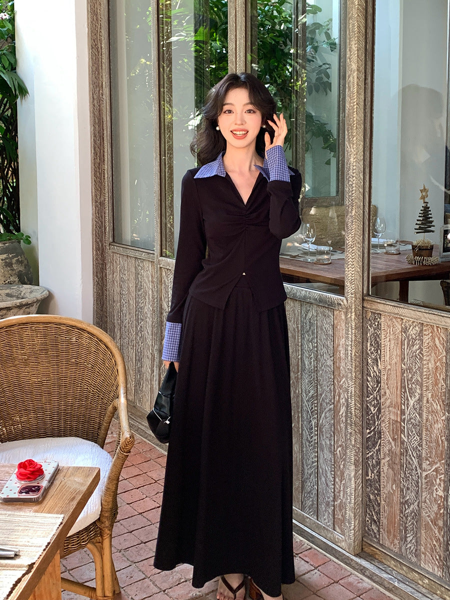 2025 spring college style lapel shirt + high waist A-shaped skirt two-piece suit female 89258