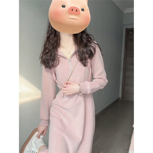 2025 Pink hooded long-sleeved dress children  new early autumn knitted sweater medium and long dress Korean wear