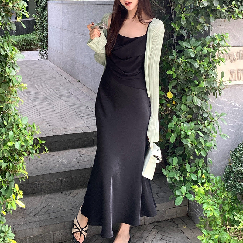2025 Thirteen Lines  Spring and Summer New  Retro Swinging Neck Temperament Skinny Suspender Dress 88226