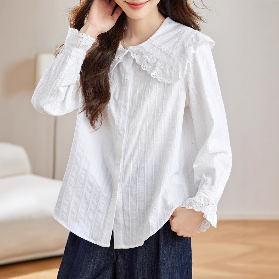 Cotton cocoon, sweet doll collar shirt women's long sleeves  spring and autumn clothes new Popular style top shirt women's shirt