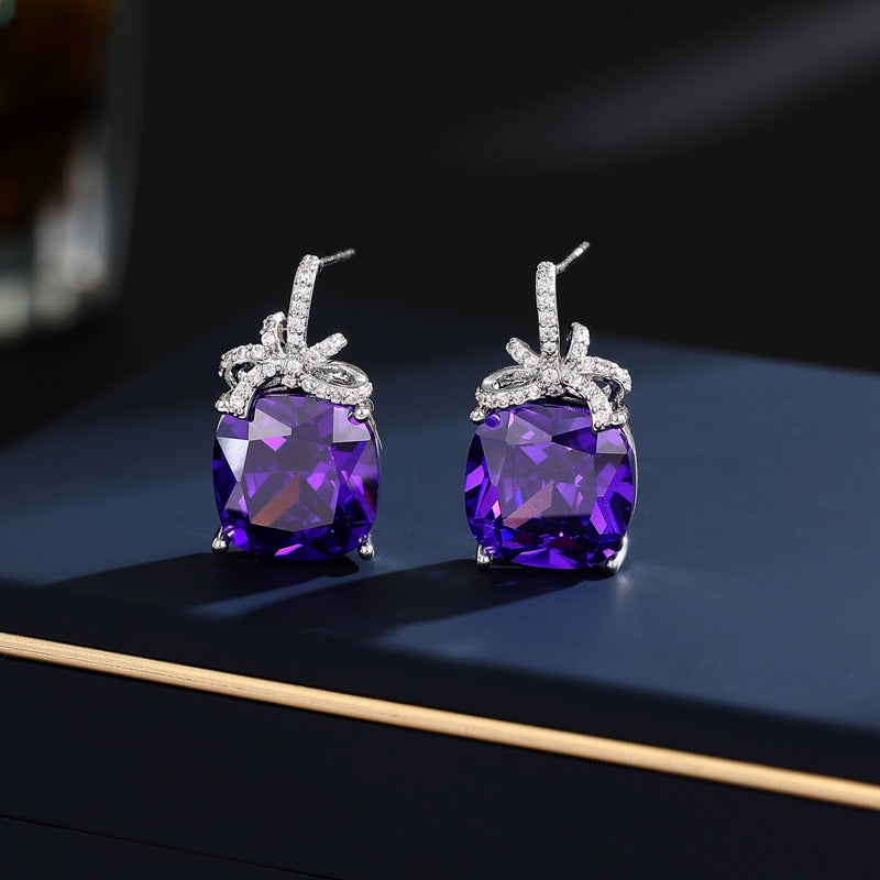2025 Light luxury high-end earrings trendy wholesale s925 silver needle super flash geometric square zircon inlaid bow stud earrings