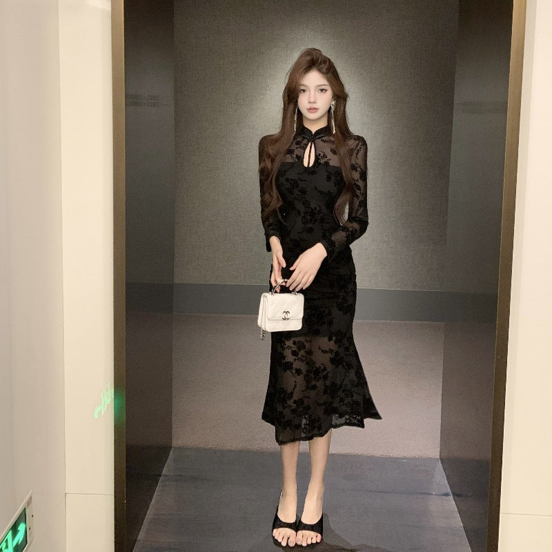 Mesh flocking celebrity women's clothing 2025 new Chinese-style Spice Girl temperament celebrity cheongsam pure desire fishtail dress
