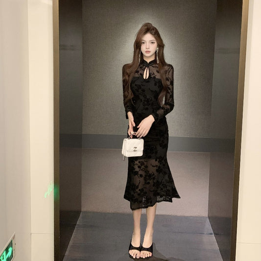 Mesh flocking celebrity women's clothing 2025 new Chinese-style Spice Girl temperament celebrity cheongsam pure desire fishtail dress