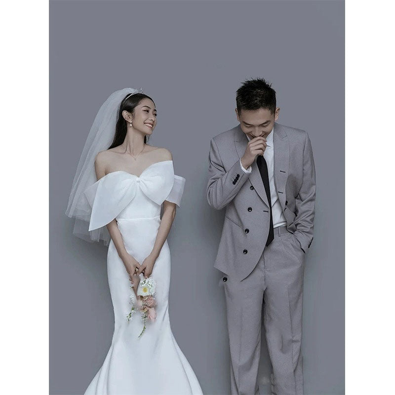2025 New one-word shoulder light wedding dress bow fishtail skirt simple wedding dress couple photo theme photo dress
