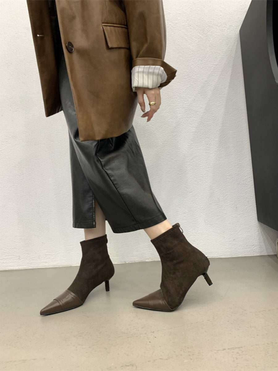 2025 Short boots women's velvet pointed head thin heel new splicing suede thin high heel short thin boots in autumn and winter of popular