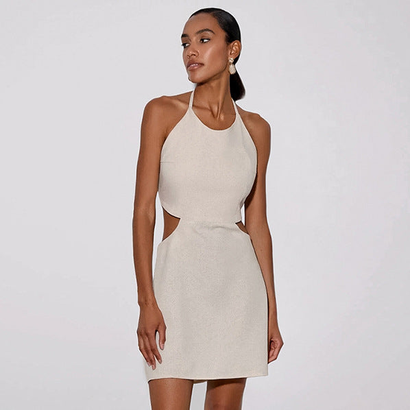 2025 Spring and summer cotton and linen vacation style new neck hollow backless dress popular  fashion New wholesale women's clothing