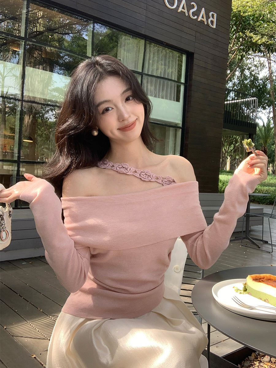 2025 popular autumn new ins temperament one-word collar flower knitted bottoming shirt long-sleeved top women 25147